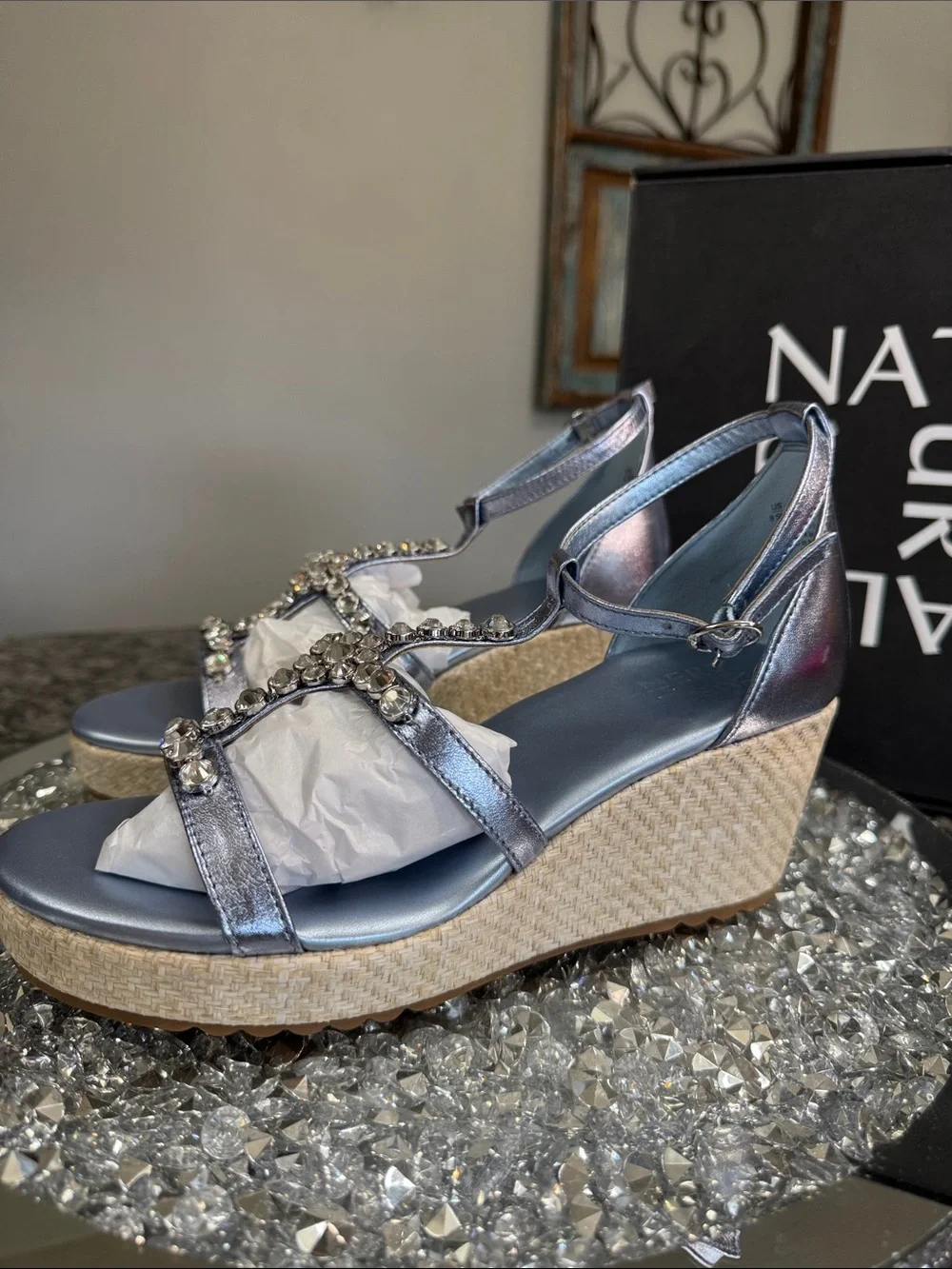 Naturalizer Serena Metallic blue Silver Jeweled Wedge Sandals NEW 8.5